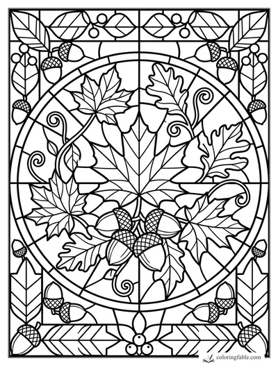 Stained glass coloring page with oak and maple leaves, acorns, curling vines, and a round autumn panel.
