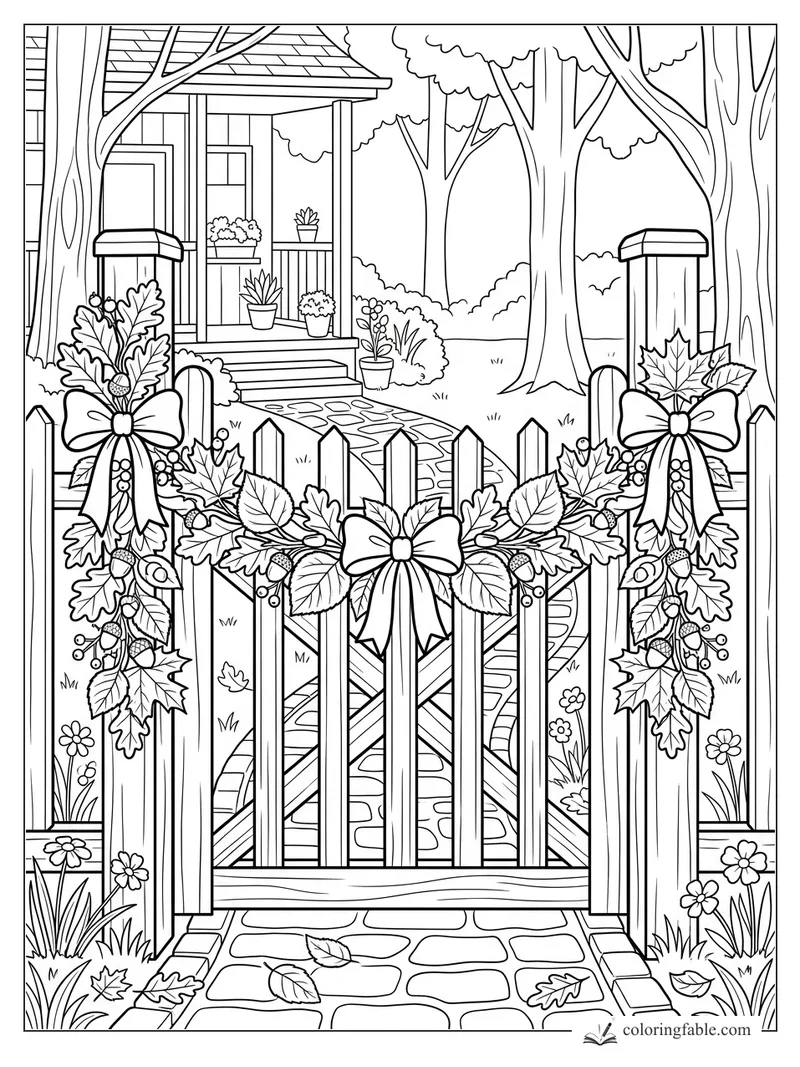 Fall coloring page with a picket gate, leaf garlands, bows, acorns, porch steps, trees, and stone path