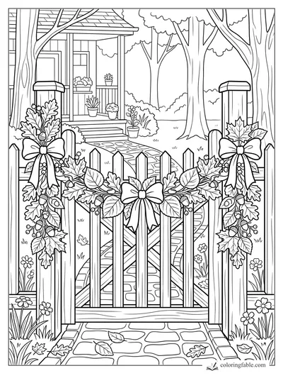 Fall coloring page with a picket gate, leaf garlands, bows, acorns, porch steps, trees, and stone path