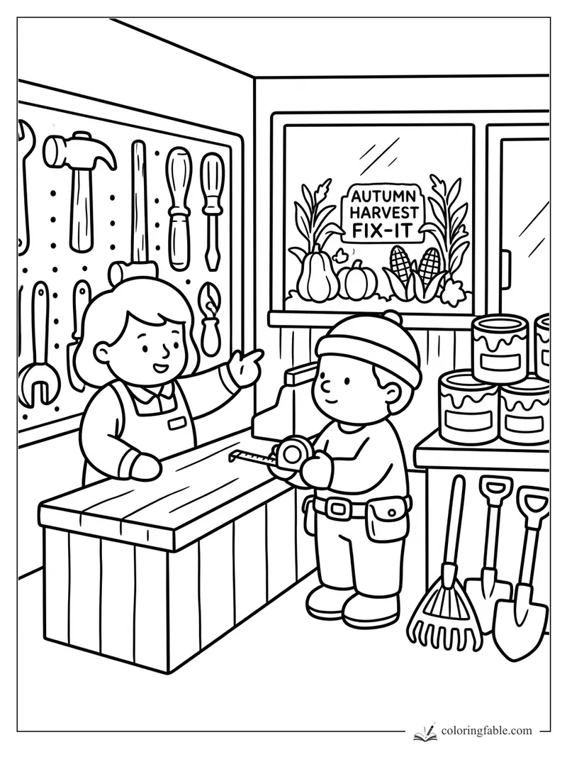 Child with tape measure at an autumn fix-it shop counter with tools, paint cans, pumpkins, and corn