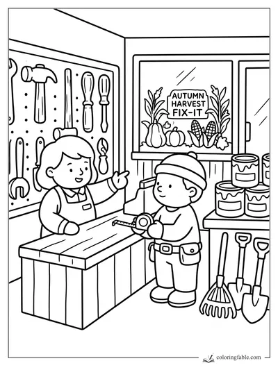 Child with tape measure at an autumn fix-it shop counter with tools, paint cans, pumpkins, and corn
