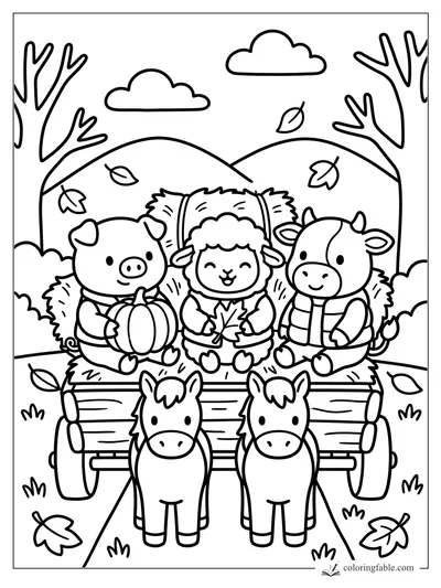 Cute pig, lamb, and cow riding a hay wagon with pumpkins, leaves, hills, and two horses