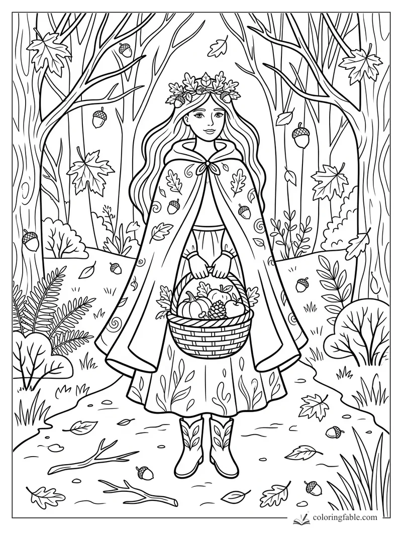 Autumn princess in an oak-leaf crown holding a basket of pumpkins and acorns in the woods