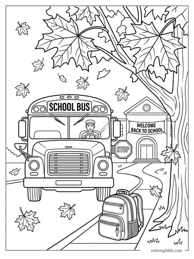 School bus arriving at school under falling maple leaves with backpack and welcome back banner.