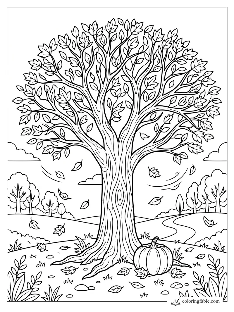 Autumn tree coloring page with twisting trunk, falling leaves, pumpkin, hills, and winding path