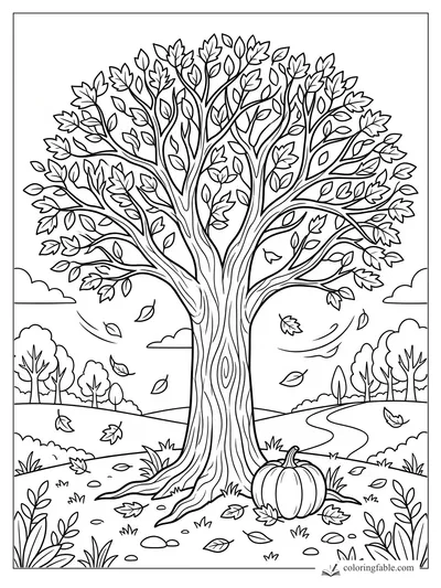 Autumn tree coloring page with twisting trunk, falling leaves, pumpkin, hills, and winding path