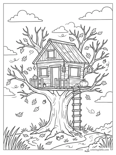Cartoon fall treehouse with pumpkins, bare branches, falling leaves, acorns, birdhouse, and rope ladder