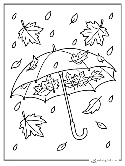 Minimalist fall coloring page with an open umbrella, maple leaves, and raindrops
