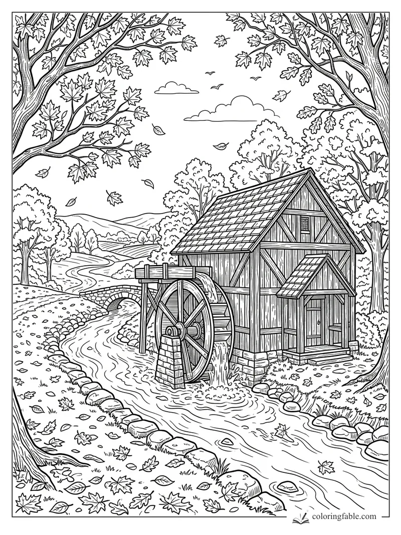 Intricate fall watermill coloring page with turning wheel, creek, stone bridge, trees, and drifting leaves