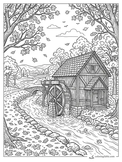 Intricate fall watermill coloring page with turning wheel, creek, stone bridge, trees, and drifting leaves