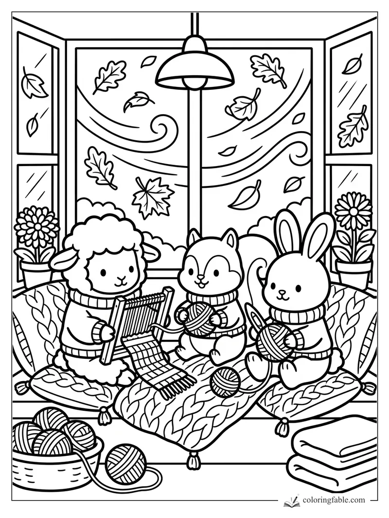 Lamb, squirrel, and bunny knitting by a window as autumn leaves swirl outside, with yarn baskets and pillows.