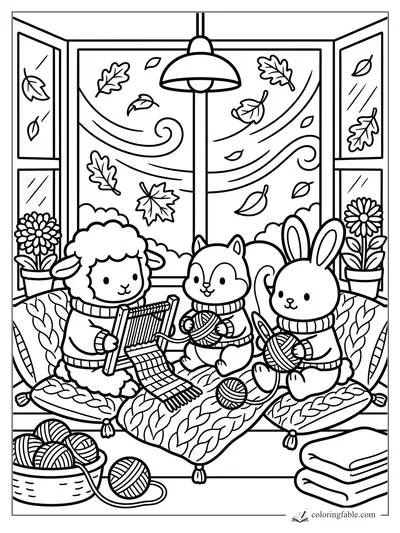 Lamb, squirrel, and bunny knitting by a window as autumn leaves swirl outside, with yarn baskets and pillows.