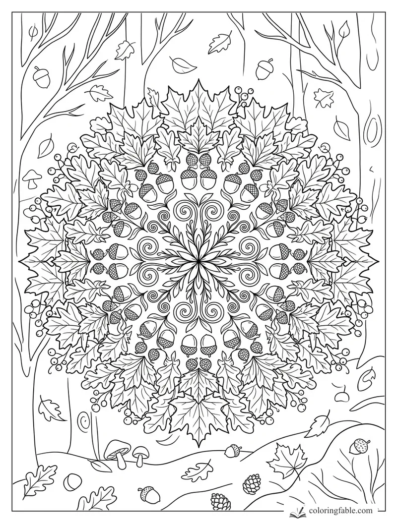 Intricate floral mandala of maple and oak leaves, acorns, berries, mushrooms, and tree trunks in a fall forest.