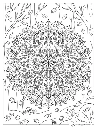Intricate floral mandala of maple and oak leaves, acorns, berries, mushrooms, and tree trunks in a fall forest.