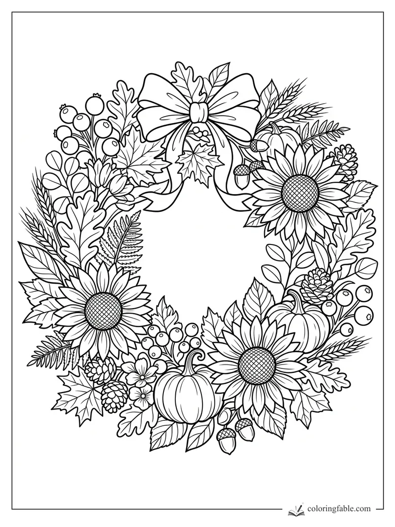 Fall floral wreath with sunflowers, pumpkins, acorns, berries, wheat, oak leaves, and a large bow