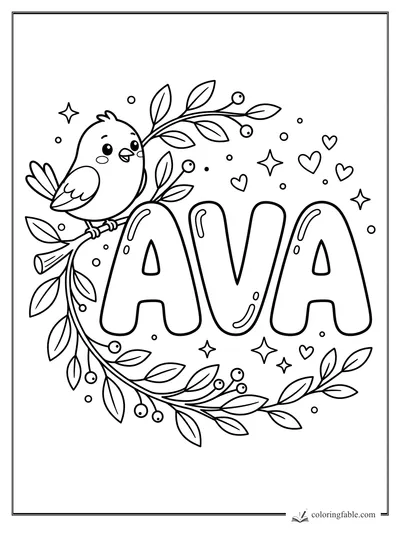 Kawaii bird perched by the name Ava, with leafy branches, berries, hearts, stars, and dots.