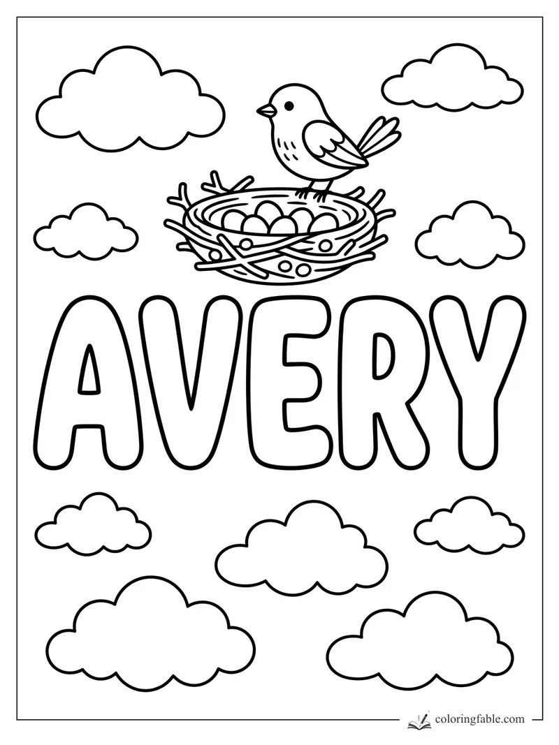 Avery name coloring page with a bird on a twig nest, eggs, and puffy clouds