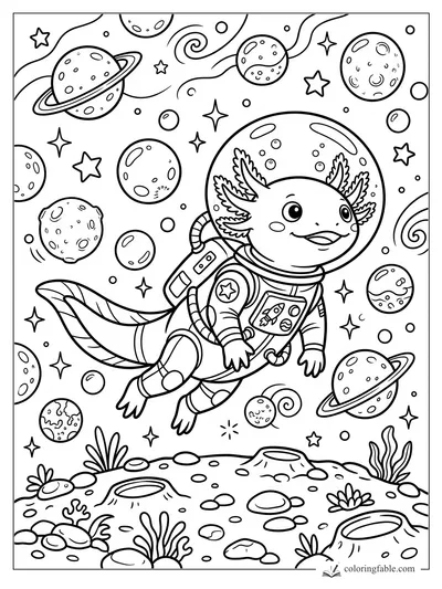 Cartoon axolotl astronaut in a helmet floating among planets, stars, and a cratered moon surface