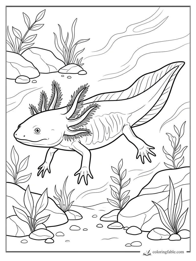 Realistic axolotl swimming through river plants, rocks, pebbles, and flowing water lines