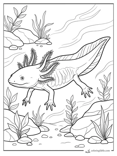 Realistic axolotl swimming through river plants, rocks, pebbles, and flowing water lines