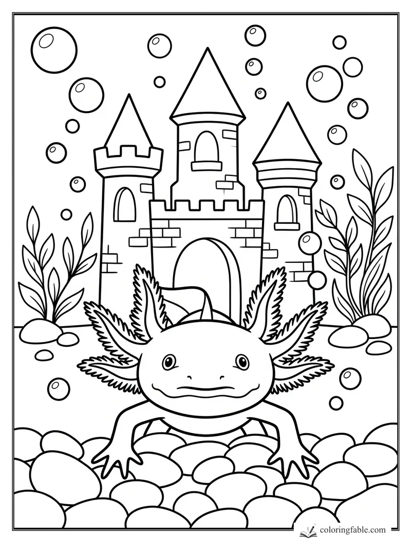 Smiling axolotl on river stones before a three-tower bubble castle with plants
