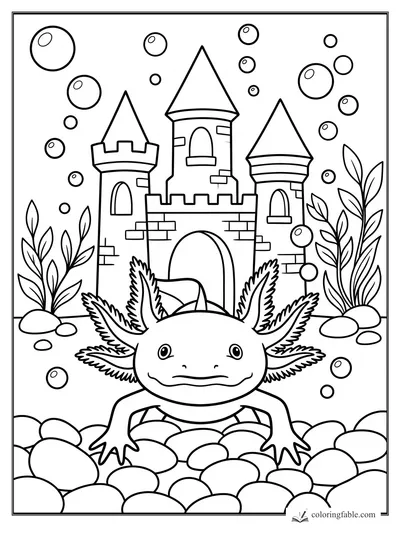 Smiling axolotl on river stones before a three-tower bubble castle with plants