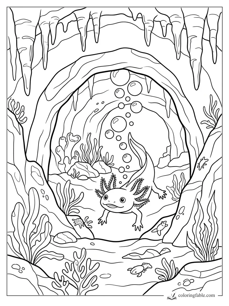 Smiling axolotl swimming through an underwater cave with bubbles, stalactites, rocks, coral, and tiny fish.