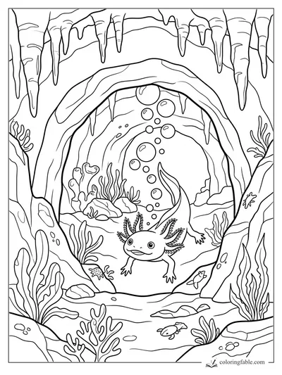 Smiling axolotl swimming through an underwater cave with bubbles, stalactites, rocks, coral, and tiny fish.
