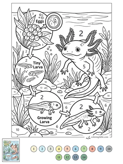 Axolotl Life Cycle in a Pond Garden — color by number