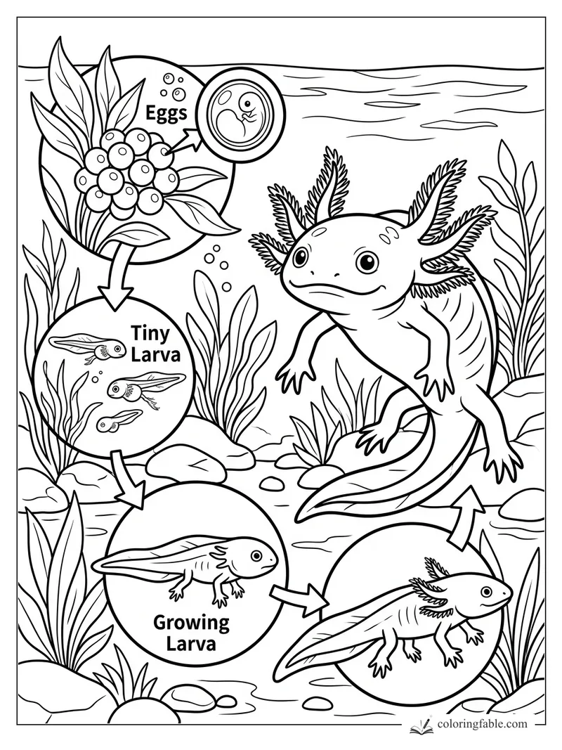 Axolotl life cycle coloring page with eggs, tiny larva, growing larva, adult, arrows, and pond plants