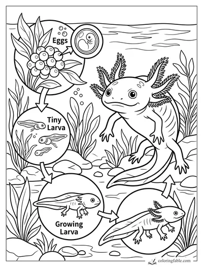 Axolotl life cycle coloring page with eggs, tiny larva, growing larva, adult, arrows, and pond plants