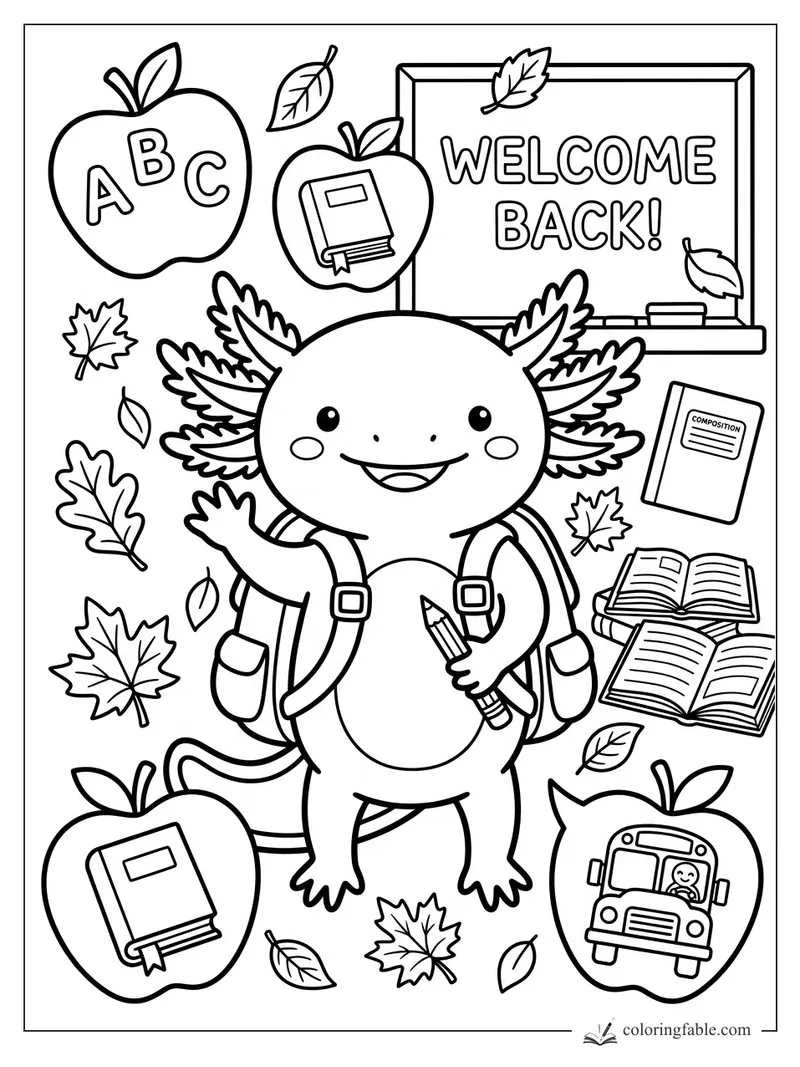 Smiling axolotl with backpack and pencil by a Welcome Back board, apples, books, bus, and fall leaves.