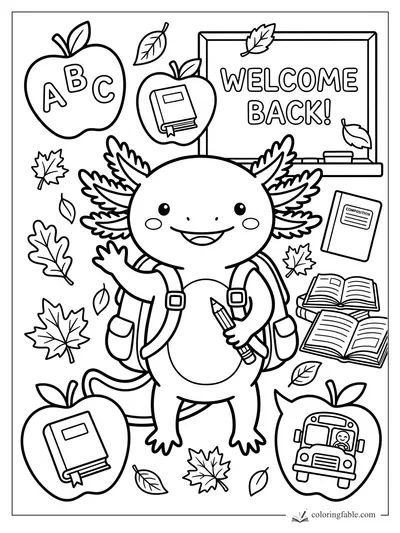 Smiling axolotl with backpack and pencil by a Welcome Back board, apples, books, bus, and fall leaves.