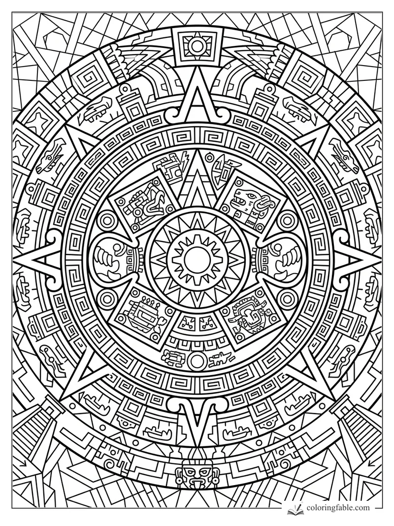 Intricate Aztec-style sun stone mandala with stepped pyramids, glyph panels, and a central sun
