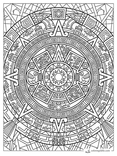 Intricate Aztec-style sun stone mandala with stepped pyramids, glyph panels, and a central sun