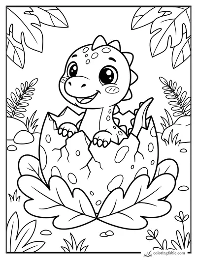 Kawaii baby diplodocus hatching from a spotted egg among jungle leaves and ferns.