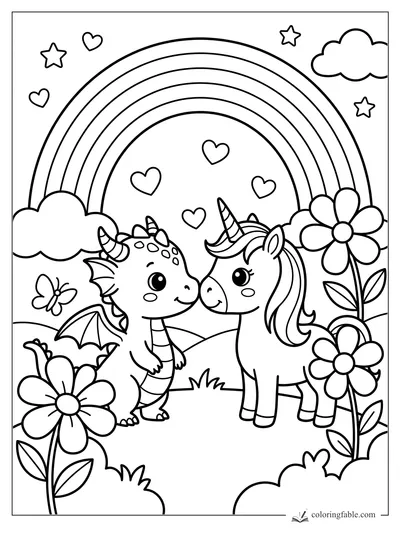 Kawaii baby dragon touching noses with a unicorn under a rainbow, hearts, stars, clouds, flowers, and butterfly.