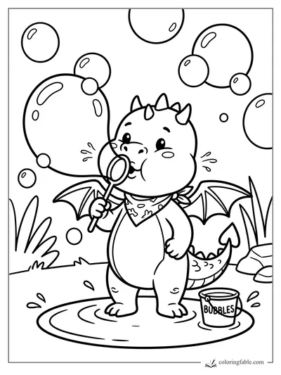 Baby dragon blowing bubbles with a wand beside a bubble bucket in a puddle
