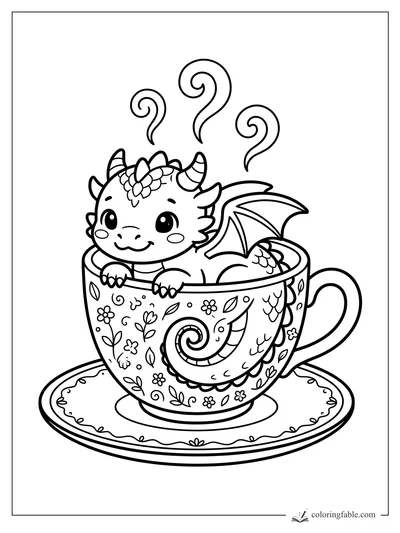Kawaii baby dragon peeking from a floral teacup with steam curls and saucer