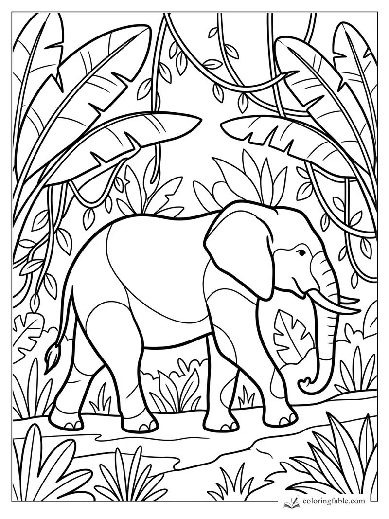 Easy coloring page of a baby elephant walking under big banana leaves and hanging jungle vines.
