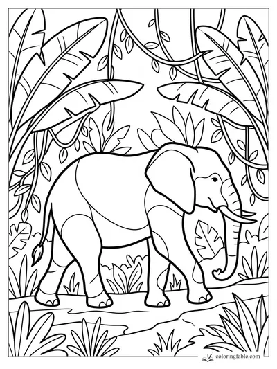 Easy coloring page of a baby elephant walking under big banana leaves and hanging jungle vines.