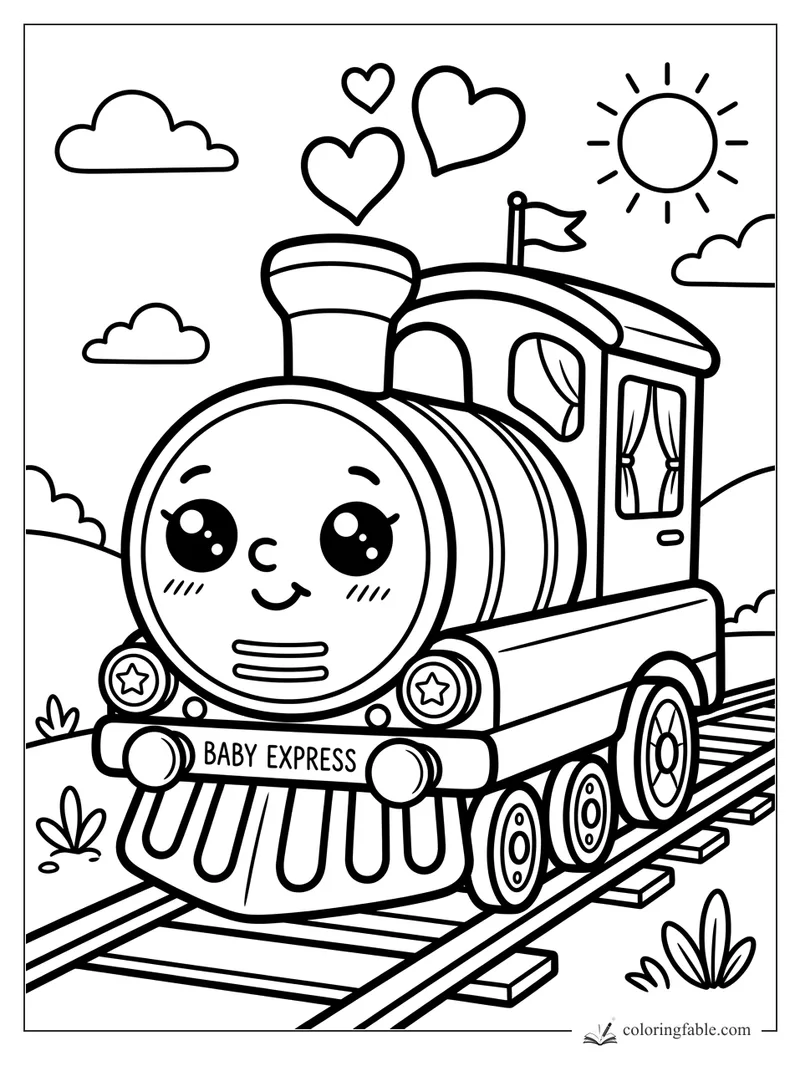 Kawaii Baby Express train with smiling face, heart puffs, flag, sun, clouds, and railroad tracks.