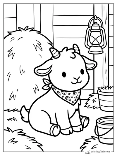 Cute baby goat with striped horns, paisley bandana, hay bale, lantern, potted grass, and bucket in a barn.
