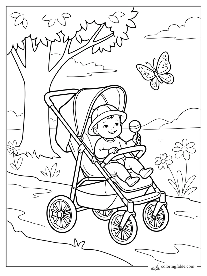 Smiling baby in a stroller holding a rattle under trees with flowers and a butterfly