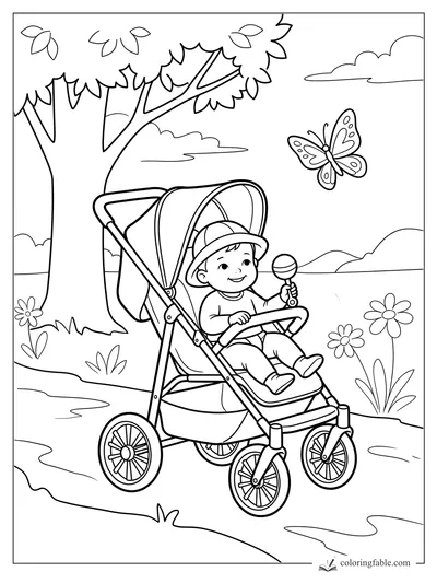 Smiling baby in a stroller holding a rattle under trees with flowers and a butterfly