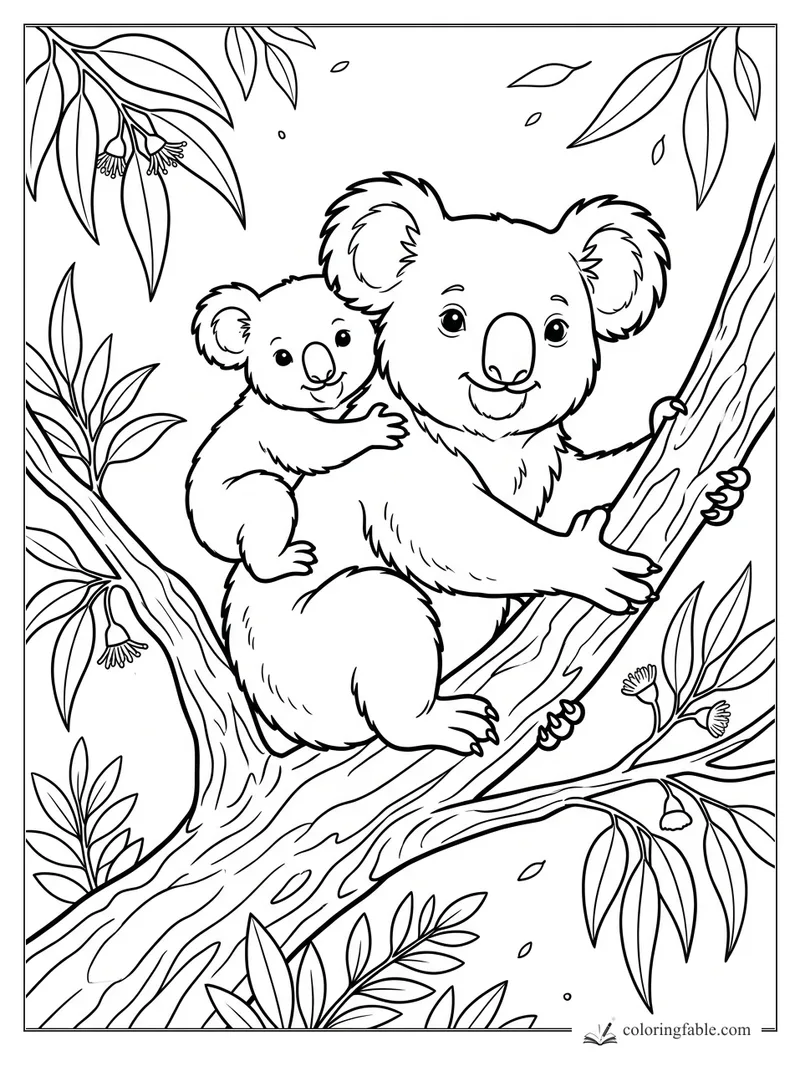 Cartoon baby koala hugging its mother on a eucalyptus branch with leaves and blossoms
