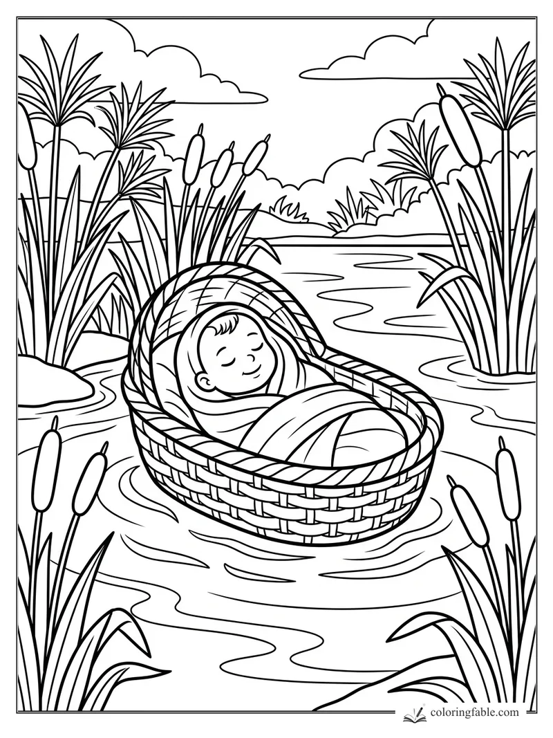 Baby Moses sleeping in a woven basket among Nile reeds and cattails