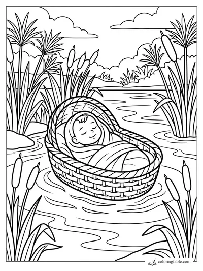 Baby Moses sleeping in a woven basket among Nile reeds and cattails