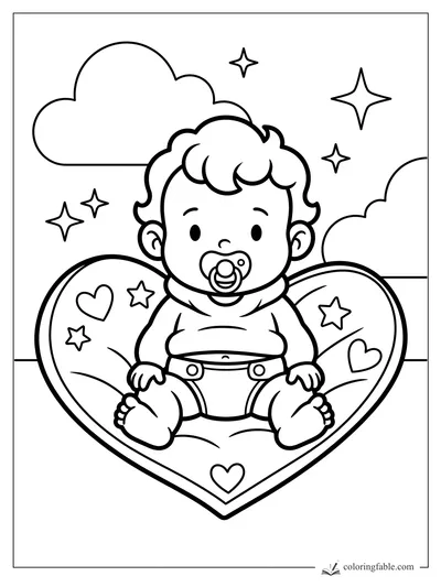 Baby with pacifier sitting on a heart pillow with stars, hearts, and clouds