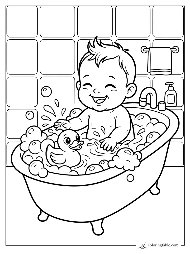 Smiling cartoon baby in a bubbly bathtub with a rubber duck, faucet, towel, and tiled bathroom wall
